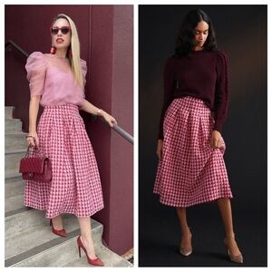 Anthropologie Eva Franco textured plaid midi skirt red pink checked 26831